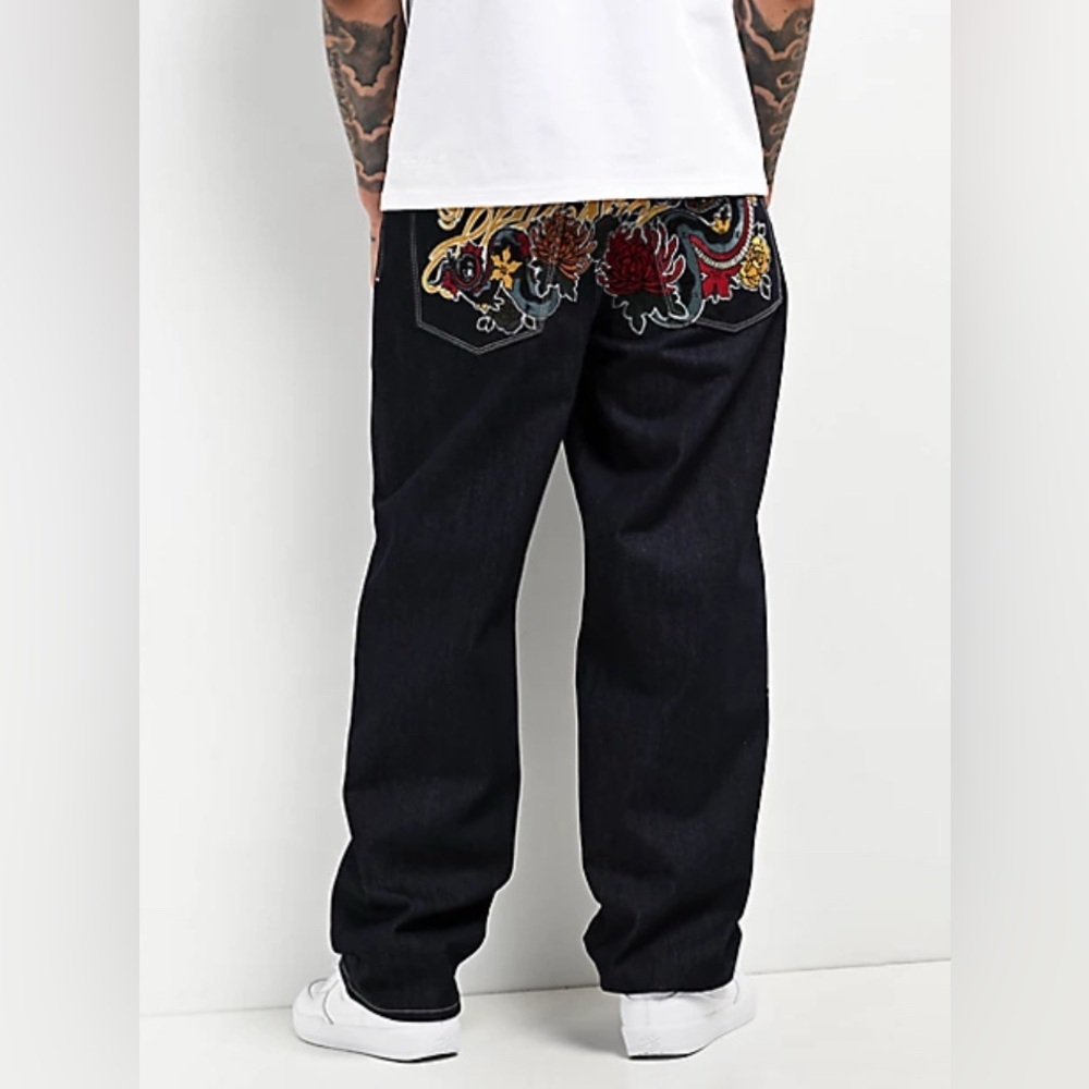 Zumiez Black Relaxed Jeans with Colorful Embroidered Back Yoke